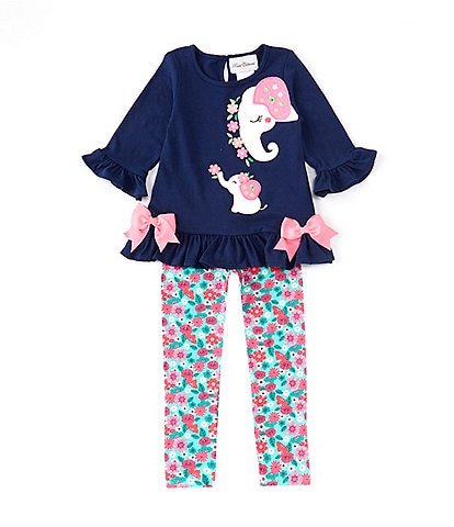 Rare Editions Little Girls 2T-6X 3/4-Sleeve Elephant-Applique Tunic Top & Floral Print Leggings Set