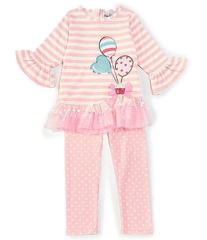 Rare Editions Little Girls 2T-6X 3/4 Sleeve Striped/Mixed Media Balloon Birthday Tunic & Dotted Leggings Set