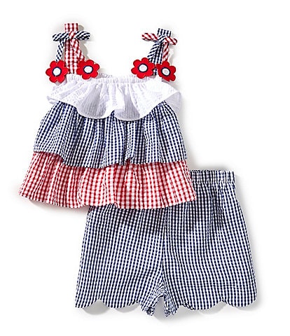 Rare Editions Little Girls 2T-6X Americana Color Block Seersucker Tank Top & Coordinating Scalloped-Hem Shorts Set