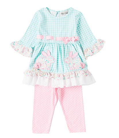 Rare Editions Little Girls 2T-6X Bell 3/4 Sleeve Gingham-Checked Bunny-Applique Tunic Top & Dotted Leggings Set