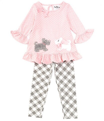 Rare Editions Little Girls 2T-6X Bell-Sleeve Scottie Dog Dotted Tunic Top & Plaid Leggings Set