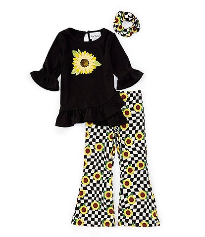 Rare Editions Little Girls 2T-6X Bell Sleeve Sunflower Applique Top & Sunflower/Checked Flare Leg Leggings Set