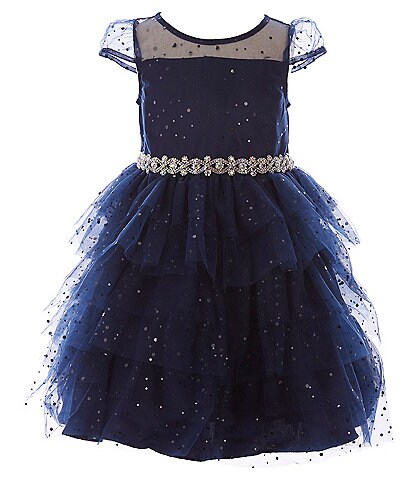 Rare Editions Little Girls 2T-6X Cap Sleeve Illusion Yoke Foil Dot Mesh Embroidered Waist Layered Skirt Fit & Flare Dress