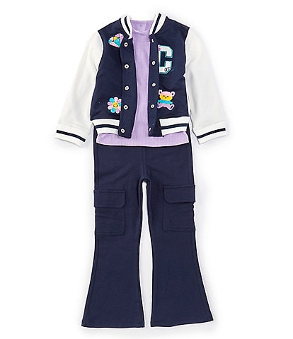 Rare Editions Little Girls 2T-6X Color Block Appliqued Polar Fleece Bomber Jacket, Waffle-Knit T-Shirt & Rib-Knit Pant Set