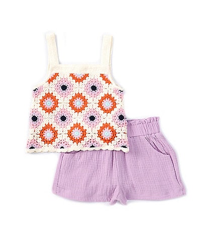 Rare Editions Little Girls 2T-6X Family Matching Crochet Tank Top & Solid Gauze Shorts Set