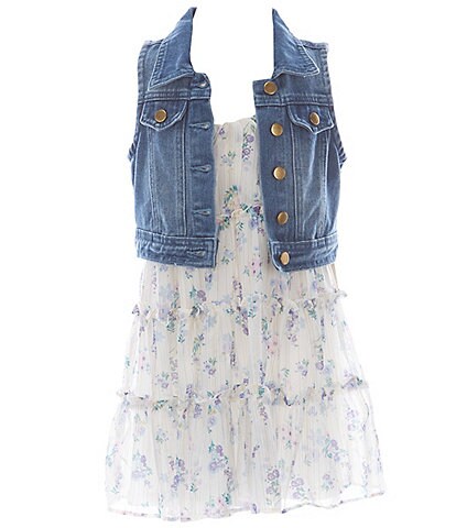 Rare Editions Little Girls 2T-6X Denim Vest & Tiered Chiffon Dress Set