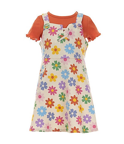 Rare Editions Little Girls 2T-6X Floral Print Twill Jumper Dress & Solid Short Sleeve Rib-Knit T-Shirt Set