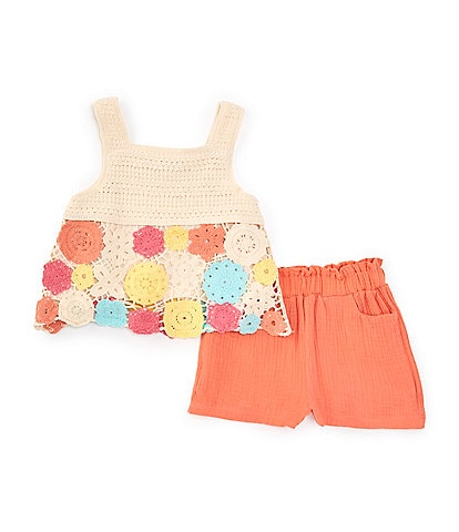 Rare Editions Little Girls 2T-6X Flower Crocheted Tank Top & Solid Gauze Shorts Set
