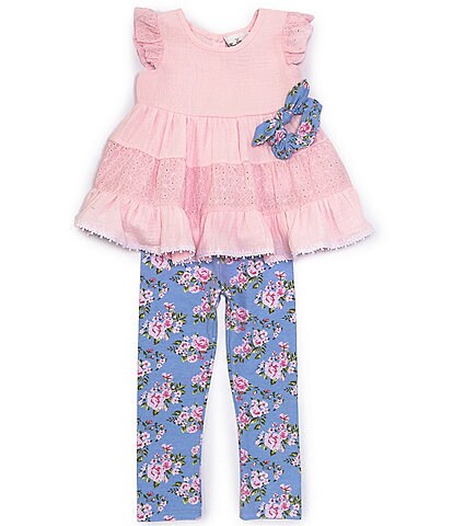 Rare Editions Little Girls 2T-6X Flutter Cap Sleeve Eyelet Embroidered Tiered Tunic Top & Printed Leggings Set