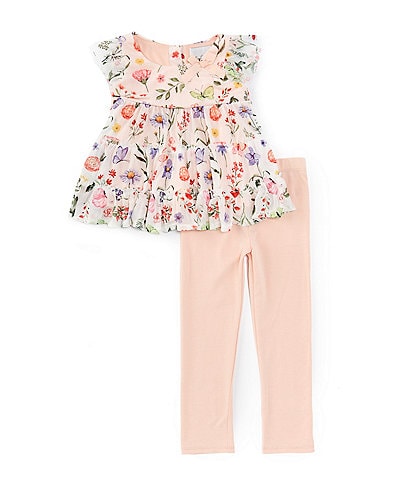 Rare Editions Little Girls 2T-6X Flutter-Sleeve Butterfly/Floral Mesh Top & Solid Knit Leggings Set