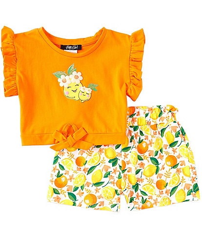 Rare Editions Little Girls 2T-6X Flutter-Sleeve Citrus-Character-Graphic Tee & Allover Citrus-Printed Shorts Set