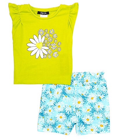 Rare Editions Little Girls 2T-6X Flutter-Sleeve Daisy-Appliqued Top & Daisy-Printed Shorts Set