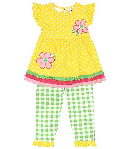 Rare Editions Little Girls 2T-6X Flutter Sleeve Dotted Knit Flower-Appliqued Dress & Checked Leggings Set