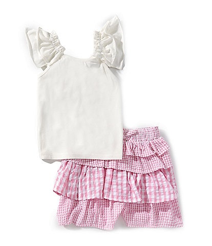 Rare Editions Little Girls 2T-6X Flutter-Sleeve Eyelet-Detailed Top & Mixed-Gingham-Checked Seersucker Shorts Set