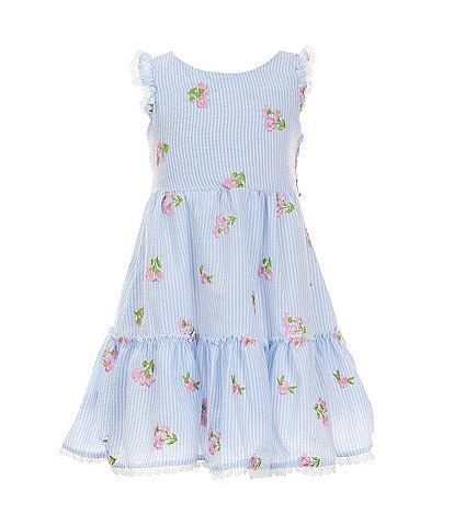 Rare Editions Little Girls 2T-6X Flutter-Sleeve Floral-Embroidered Striped Seersucker Fit-And-Flare Dress