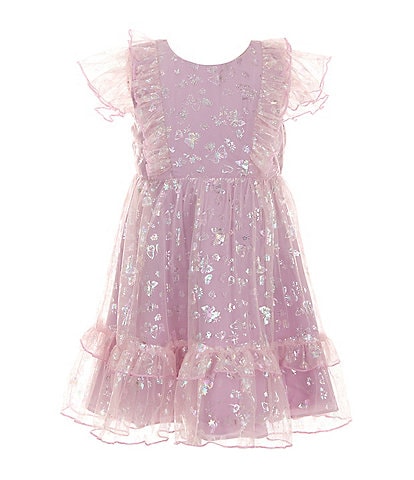 Rare Editions Little Girls 2T-6X Flutter Sleeve Iridescent Butterfly Fit & Flare Mesh Dress