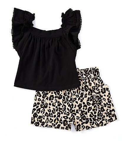 Rare Editions Little Girls 2T-6X Flutter-Sleeve Solid Tunic Top & Cheetah-Printed Shorts Set