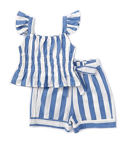 Rare Editions Little Girls 2T-6X Flutter Sleeve Vertical Stripe Tunic Top & Matching Shorts Set