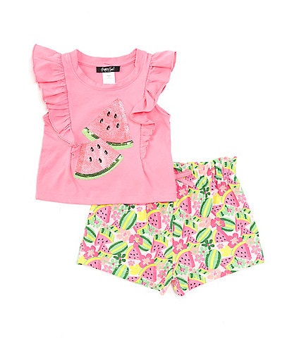Rare Editions Little Girls 2T-6X Flutter-Sleeve Watermelon-Appliqued & Allover-Watermelon-Printed Shorts Set