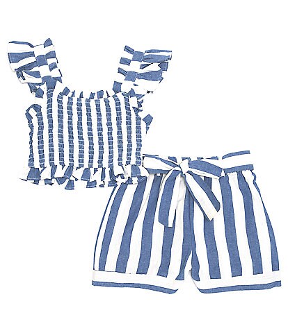 Rare Editions Little Girls 2T-6X Flutter-Sleeve Yarn-Dyed-Stripe Top & Matching Shorts Set