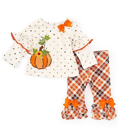 Rare Editions Little Girls 2T-6X Foiled-Dot Pumpkin-Applique Two-Fer Top & Plaid Leggings Set