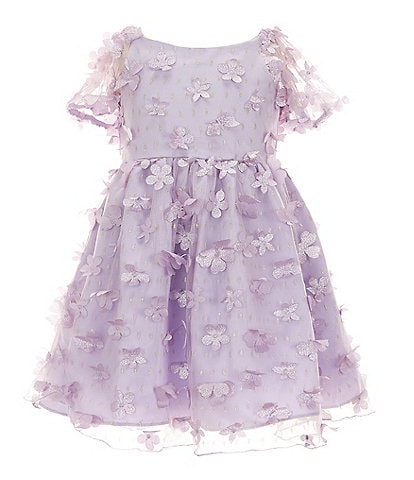 Rare Editions Little Girls 2T-6X Illusion-Puffed Sleeve Three-Dimensional Floral-applique/Clip-Dot Mesh Fit & Flare Dress
