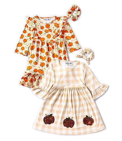 Rare Editions Little Girls 2T-6X Long Sleeve Checked/Pumpkin Dress & Long-Sleeve Pumpkin-Printed Dress 2-Pack