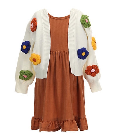 Rare Editions Little Girls 2T-6X Long Sleeve Flower-Appliqued Knit Cardigan & Short Sleeve Textured-Knit Fit & Flare Dress Set