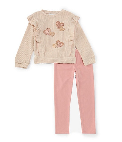Rare Editions Little Girls 2T-6X Long Sleeve Glitter-Accented Heart-Appliqued Waffle Knit Tunic Top & Knit Leggings Set