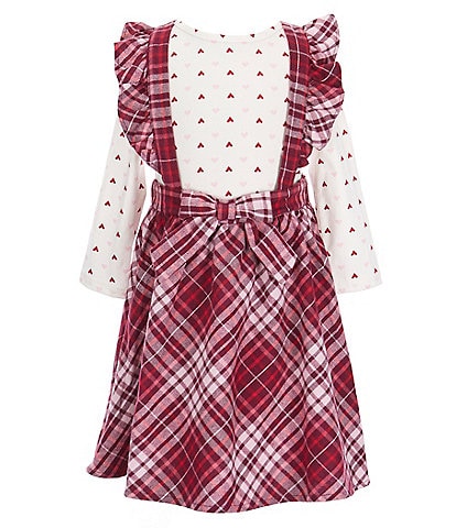 Rare Editions Little Girls 2T-6X Long-Sleeve Heart Printed Top With Plaid Fleece Jumper Dress