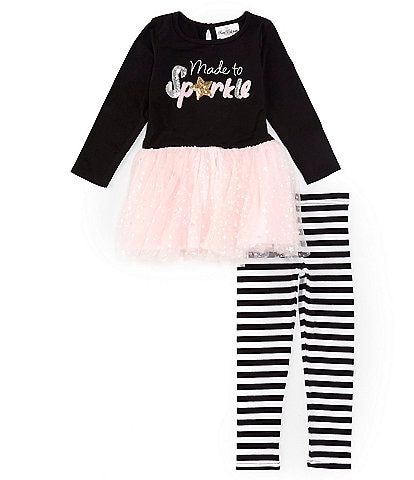 Rare Editions Little Girls 2T-6X Long Sleeve Made To Sparkle Color Block Tutu Dress & Striped Leggings Set