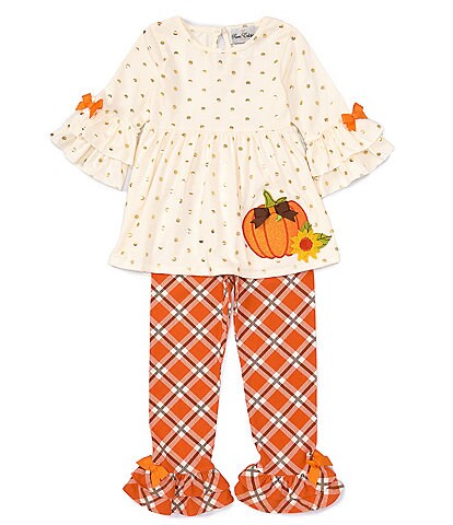 Rare Editions Little Girls 2T-6X Long-Sleeve Pumpkin-Appliqued Dotted Tunic Top & Printed Leggings Set