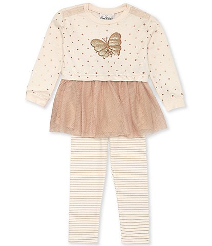 Rare Editions Little Girls 2T-6X Long Sleeve Sequin-Embellished Butterfly Motif Tutu Sweatshirt & Striped Leggings Set
