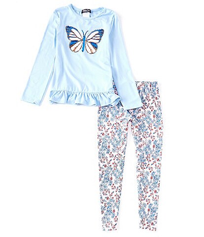 Rare Editions Little Girls 2T-6X Long-Sleeve Solid Butterfly Applique Top & Printed Leggings Set