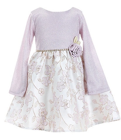 Rare Editions Little Girls 2T-6X Long Sleeve Solid/Brocade Jacquard Fit And Flare Dress