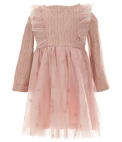 Rare Editions Little Girls 2T-6X Long Sleeve Textured Knit/Glitter-Accented Mesh Fit-And-Flare Dress
