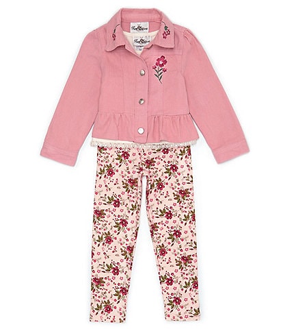 Rare Editions Little Girls 2T-6X Long Sleeve Twill Jacket, Cap Sleeve Floral Knit T-Shirt & Floral Knit Leggings Set
