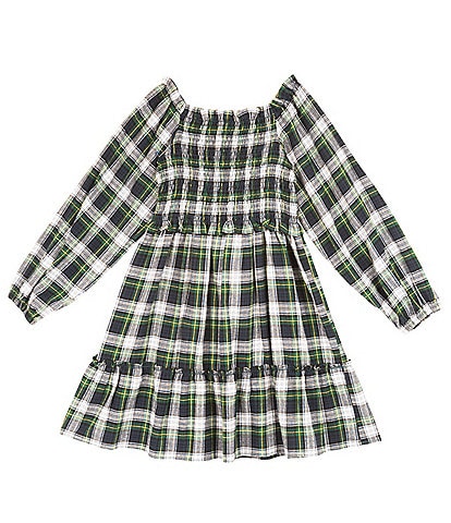 Rare Editions Little Girls 2T-6X Long Sleeve Twill Yarn Dye Plaid Smoked Bodice Dress