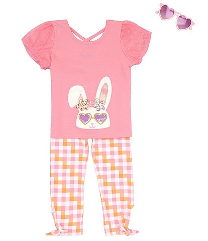 Rare Editions Little Girls 2T-6X Puffed-Sleeve Bunny Face T-Shirt & Checked Capri Leggings Set