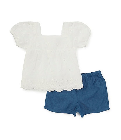 Rare Editions Little Girls 2T-6X Puffed-Sleeve Eyelet-Embroidered Top & Denim Shorts Set