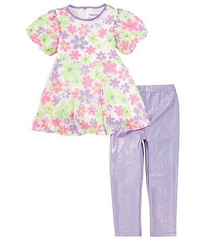 Rare Editions Little Girls 2T-6X Puffed-Sleeve Sequin-Embellished Daisy-Printed Tunic Top & Metallic Leggings Set