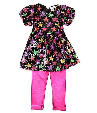 Girls Like Us Little Girls 2T-6X Puffed-Sleeve Sequin-Embellished Star-Pattern Tunic Top & Metallic Leggings Set