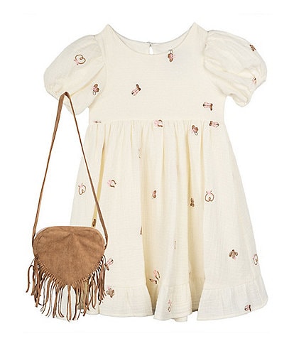 Rare Editions Little Girls Puffed-Sleeve Western-Inspired Embroidered Gauze Fit-And-Flare Dress