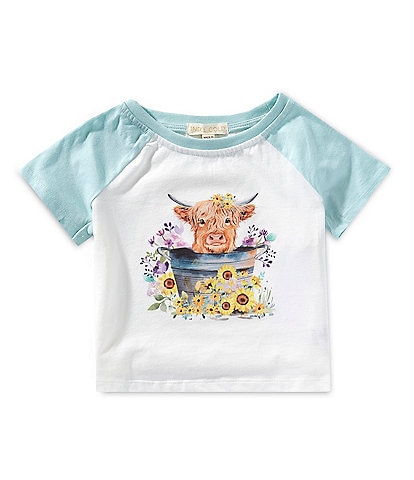 Indie Gold Little Girls 2T-6X Raglan-Sleeve Color Block Cow Graphic T-Shirt
