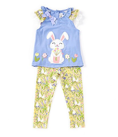 Rare Editions Little Girls 2T-6X Seersucker Tiered Bunny Top & Printed Ruffle Leggings Set