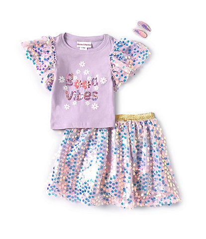 Girls Like Us Little Girls 2T-6X Sequin-Puff-Sleeve Good Vibes Top & Sequin-Embellished Patterned Skort Set