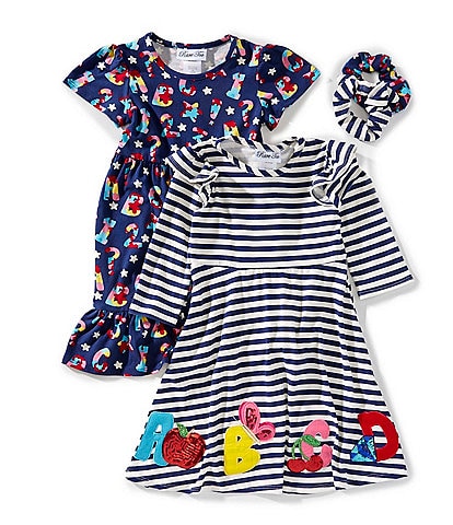 Rare Editions Little Girls 2T-6X Short-Sleeve ABC Alphabet Dress & Long-Sleeve Striped/ABCD Alphabet Fit-And-Flare Dress Set