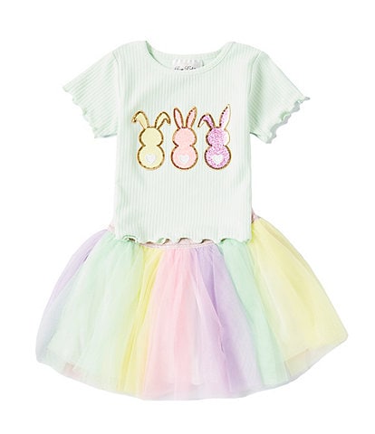 Rare Editions Little Girls 2T-6X Short Sleeve Bunny Artwork Knit T-Shirt & Rainbow Mesh Tutu Skirt Set