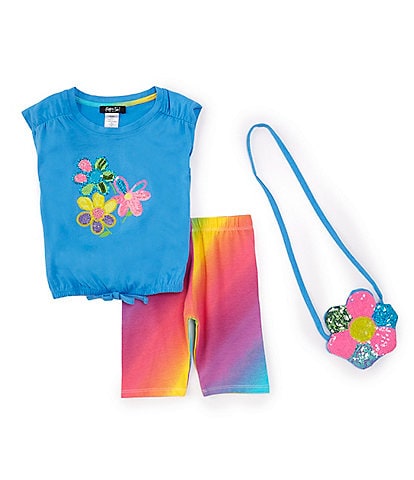 Rare Editions Little Girls 2T-6X Short-Sleeve Flower-Motif Tunic Top & Rainbow-Printed Biker Shorts Set