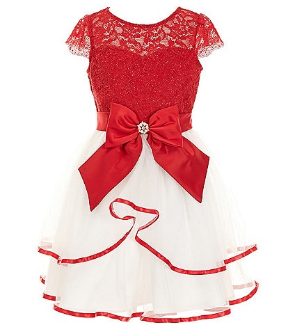 Rare Editions Little Girls 2T-6X Short-Sleeve Glitter-Accented Lace-Bodice/Tiered-Mesh Skirted Dress